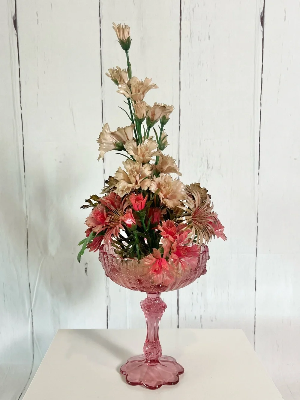 Vintage Fenton Pink Glass Compote with Mid Century Plastic Floral Arrangement